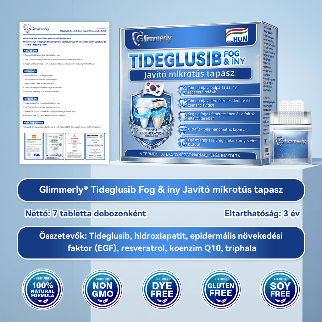 🦷𝐆𝐥𝐢𝐦𝐦𝐞𝐫𝐥𝐲® Tideglusib Fog & íny Javító mikrotűs tapasz | Fejlett őssejt-aktiváló fogcsíkok (újjáépíti a fogzománcot és a dentint • erősíti az ínyt • megszünteti a fogkövet és a szagokat • megállítja a fogérzékenységet)) 3.0